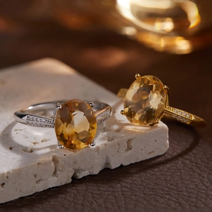 Bague en Argent Sterling S925 Avec Citrine Naturelle Pour Femme Pierre Ovale Incrustée Strass Minimaliste Mode Ajustable Bijoux