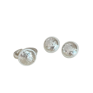 Minimalist silver pleated geometric earrings and ring set with textured hammered finish