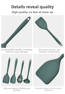 Detail of dark green silicone spatula set showing seamless design and hanging holes