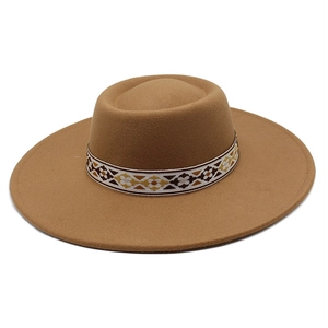 Close-up of camel wool fedora hat featuring geometric ethnic style embroidered ribbon