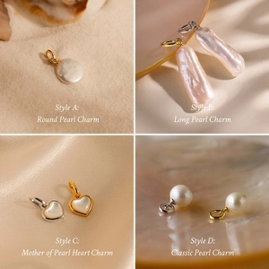 Detailed view of four pearl charm styles including heart and round shapes in gold and silver