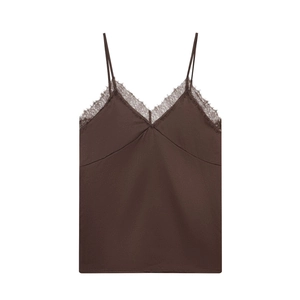Elegante canotta in raso marrone con delicati bordi in pizzo da donna, stile sobrio