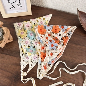 French vintage handmade crochet floral triangle headscarf for women with hollow knit design