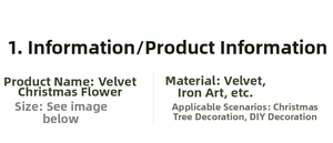 Detailed dimensions and specifications for red velvet Christmas poinsettia decoration