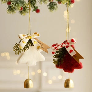 Christmas Hanging Ornaments Plush Tree Bell Shape With Metal Bell Bow Ribbon For Home Party Festive Holiday Decor