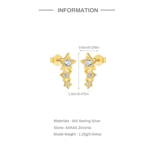 Detailed spec sheet showing 925 sterling silver star earrings with AAAAA cubic zirconia