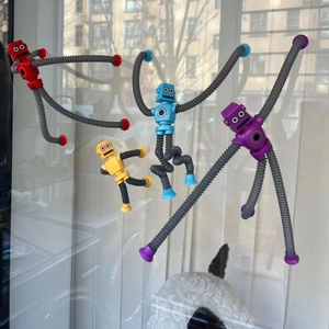 Robot suction cup toys with telescopic tubes attached to glass window in four colors