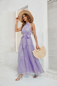 Detail of light purple halter neck maxi dress with ruffled tiers and checkered pattern