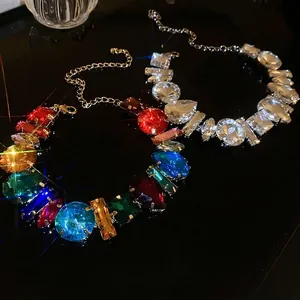 Exaggerated rhinestone necklace with large colorful crystals and adjustable metal chain