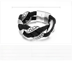 Close-up of woven leather and stainless steel bracelet with 215x29mm size specs