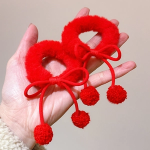 Coleteros de peluche rojos de alta elasticidad con pompones y lazos lindos para mujeres