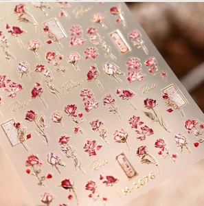 Détail d'autocollants 3D vintage roses M-1076 avec élégantes feuilles d'or et inscriptions