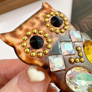 Brown leopard owl ponytail holder with sparkling crystals and acetate finish