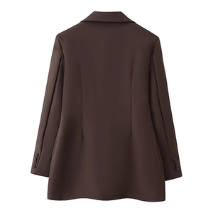 Back view of a long-sleeved coffee brown blazer with tailored waist and buttoned cuffs
