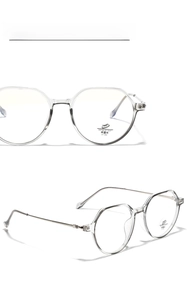 Detailed view of polygon TR90 frame blue light glasses with engraved metal temples