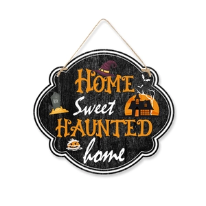 Detail of wooden Halloween door sign with Home Sweet Haunted Home text and twine rope