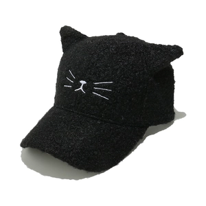 Winter faux shearling baseball cap with cute cat ears and embroidered cat whiskers