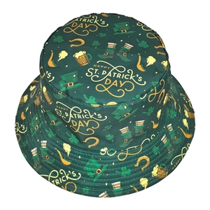 St. Patrick's Day bucket hat in forest green with clover print and gold typography