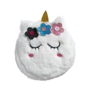 Detailed close-up of plush unicorn shoulder bag with glitter horn and embroidery