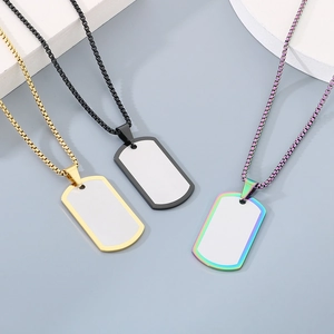Polished stainless steel dog tag necklaces in gold, black, and rainbow colors with box chain