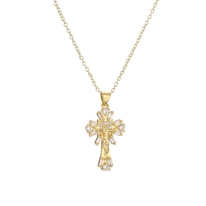 Collana con croce dorata con design MOM e zirconi cubici a baguette incastonati lucidi