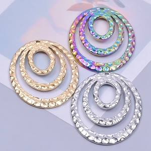 Three-tier concentric circle oval pendant charms with hammered texture in gold silver rainbow