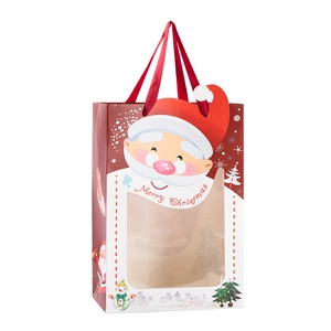 Weihnachtsgeschenktüte mit Weihnachtsmann-Motiv, rotem Seidengriff und Sichtfenster
