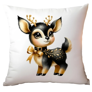 Close-up of elegant black and gold reindeer print on white Christmas cushion cover