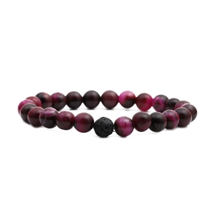 Lava rock and rose red tiger eye stone beaded bracelet with 8mm natural round beads