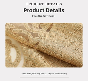 Detailed macro view of champagne gold curtain fabric with premium 3D floral embroidery