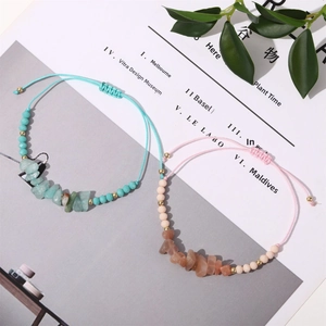 Handmade woven natural crushed stone bracelets with adjustable cord and golden beads