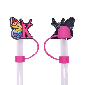 Pink butterfly straw topper with letter K detail and dust-proof silicone plug cover