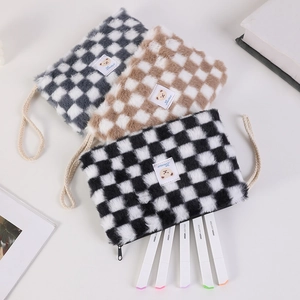 Checkered plush makeup bags in black, grey and khaki with cute bear labels