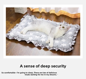 Detailed view of gray pet blanket with white stars and ruffle edges on wood floor