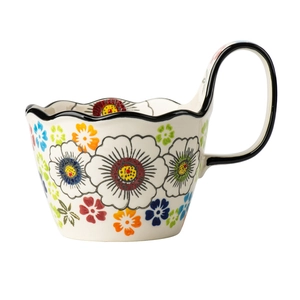 Hand-painted floral ceramic mug with wavy rim and elegant black border detail