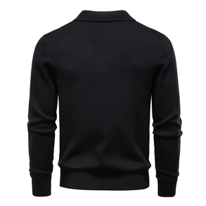 Back view of a classic black long-sleeved knitted Polo sweater with ribbed cuffs and hem