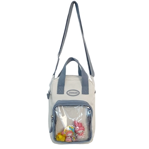 Detail of ITA bag with transparent window for pins and adjustable shoulder strap