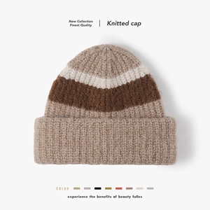 Unisex Thickened Wool Knitted Beanie Striped Cuffed Warm Winter Hat Outdoor Casual Striped Knit Skull Cap