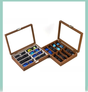 Dual 8-slot wood grain sunglasses boxes with clear lids and metal latches for display