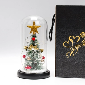 Close-up of a Christmas tree glass dome with red berries and a black premium gift box