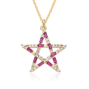 Hip hop gold star necklace with micro-pave pink and clear zircons on white background