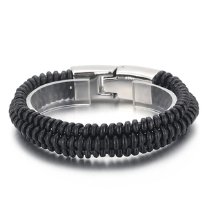 Men's trendy braided leather bracelet with high-quality stainless steel clasp on white background