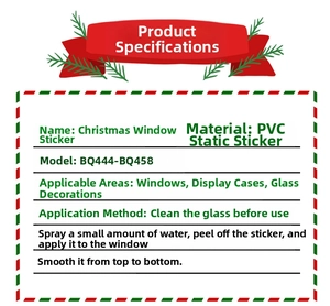 Detailed specifications of PVC Christmas static window stickers showing installation guide