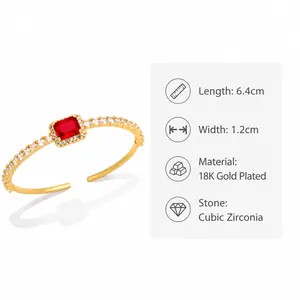Size specifications for 18K gold plated cuff bracelet with red zircon and dimensions