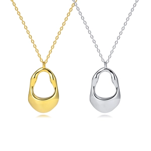 Polished gold and silver irregular hollow oval pendant necklaces on minimalist chains