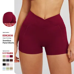 Women High Waist Crossover Yoga Shorts Moisture Wicking Butt Lifting Workout Biker Shorts With Side Pockets