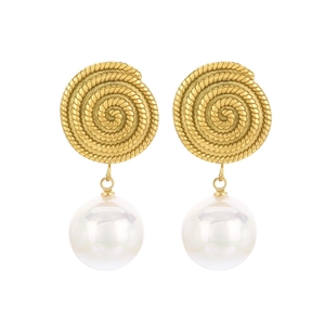 French vintage gold twist stud earrings with elegant white hanging pearls