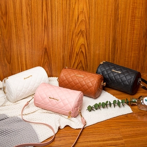 Women Quilted Cylinder Crossbody Bag Rhombic Pattern PU Leather Shoulder Phone Bag Small Barrel Purse With Gold Hardware