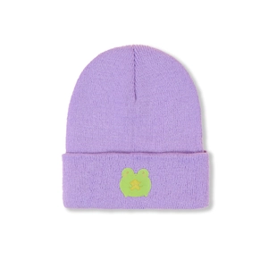 Detail shot of purple knitted beanie showing fine texture and green frog embroidery patch