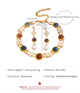 Detailed view of bohemian style gold zinc alloy necklace and earrings with colorful gemstones